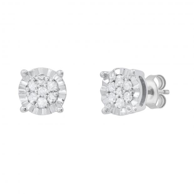 Round White Diamond Illusion Pushback Stud Earrings for Women (0.17 ctw, Color I-J, Clarity I2-I3) in 925 Sterling Silver