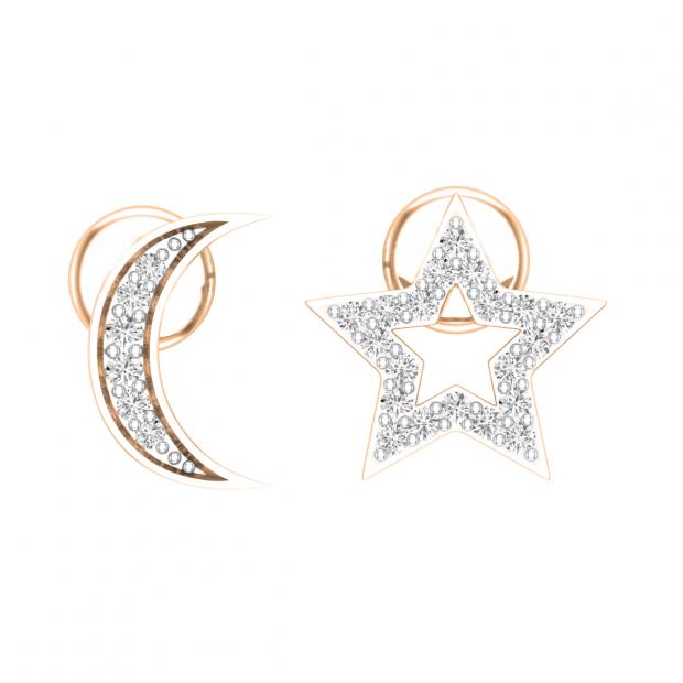Round White Diamond Moon & Star Pushback Stud Earrings for Women (0.14 ctw Color I-J Clarity I2-I3) in 10K Rose Gold