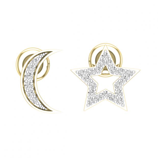 Round White Diamond Moon & Star Screwback Stud Earrings for Women (0.14 ctw Color I-J Clarity I2-I3) in 10K Yellow Gold
