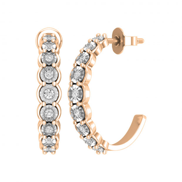 0.23 Carat (ctw) Round White Diamond 9 Stone Illusion Set J Shape Pushback Hoop Earrings for Women in 10K Rose Gold