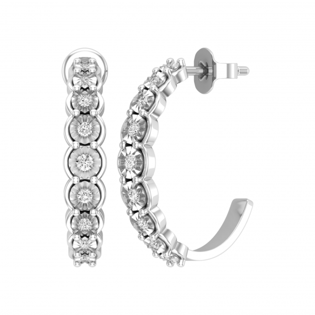 0.23 Carat (ctw) Round White Diamond 9 Stone Illusion Set J Shape Pushback Hoop Earrings for Women in 18K White Gold
