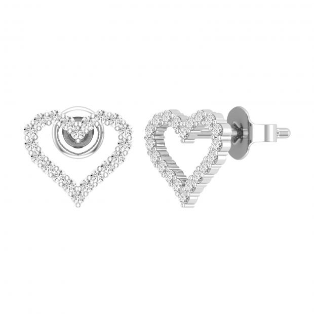 Round White Diamond Outlined Hollow Heart Pushback Stud Earrings for Women (0.33 ctw Color I-J Clarity I2-I3) in 10K White Gold