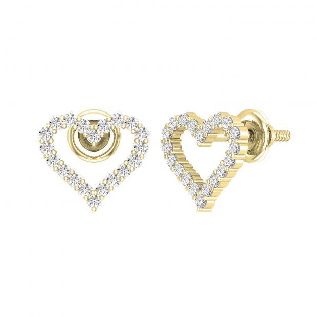 Round White Diamond Outlined Hollow Heart Screwback Stud Earrings for Women (0.33 ctw Color I-J Clarity I2-I3) in 10K Yellow Gold