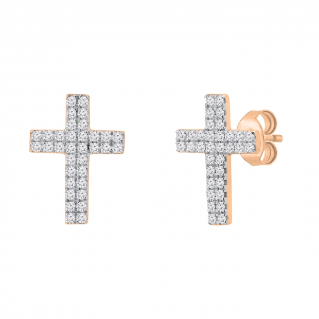Double Row Round White Diamond Religious Cross Push Back Stud Earrings (0.19 Ctw Color I-J Clarity I2-I3) for Women in 10K Rose Gold