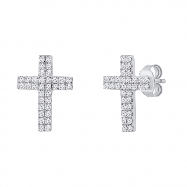 Double Row Round White Diamond Religious Cross Push Back Stud Earrings (0.19 Ctw Color I-J Clarity I2-I3) for Women in 925 Sterling Silver