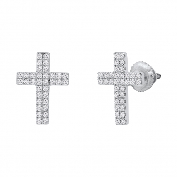 Double Row Round White Diamond Religious Cross Screw Back Stud Earrings (0.19 Ctw Color I-J Clarity I2-I3) for Women in 925 Sterling Silver