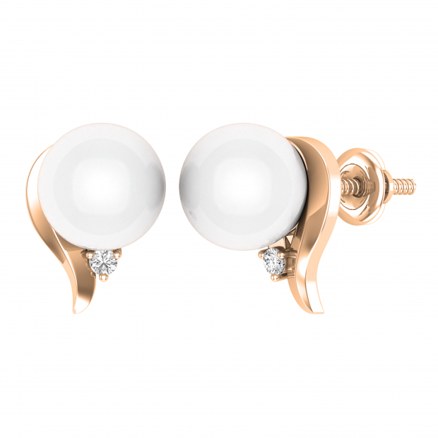 Round 8mm Cultured Freshwater Pearl & 0.04 CT White Diamond Solitaire Screwback Stud Earrings for Women in 10K Rose Gold