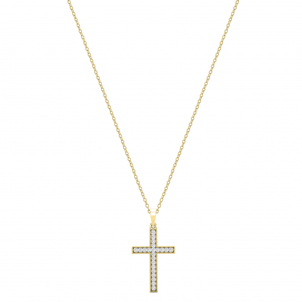 Round Diamond Milgrain Edge Cross Pendant with 18 Inch Gold Chain for Men