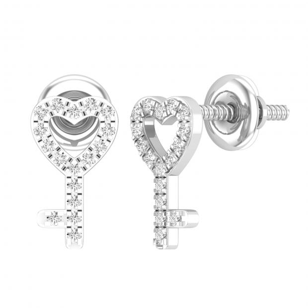 Round White Diamond Heart Key Screw-back Stud Earrings for Women (0.10 ctw Color I-J Clarity I2-I3) in 925 Sterling Silver