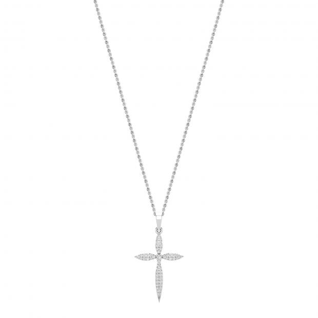Round White Diamond Encrusted Cross Pendant Pointed Edges with 18 inch Gold Chain for Women (0.24 ctw, Color I-J, Clarity I2-I3) in 10K White Gold