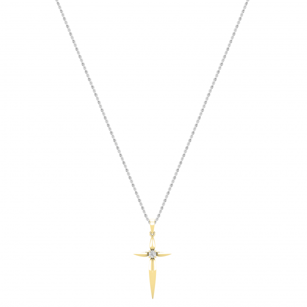 Round White Diamond Solitaire Accent Cross Pendant with 18 inch Silver Chain for Women (0.11 ctw, Color I-J, Clarity I1-I2) in 18K Yellow Gold