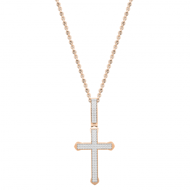 Round Diamond Archer Edge Cross Pendant with 18 Inch Gold Chain for Men