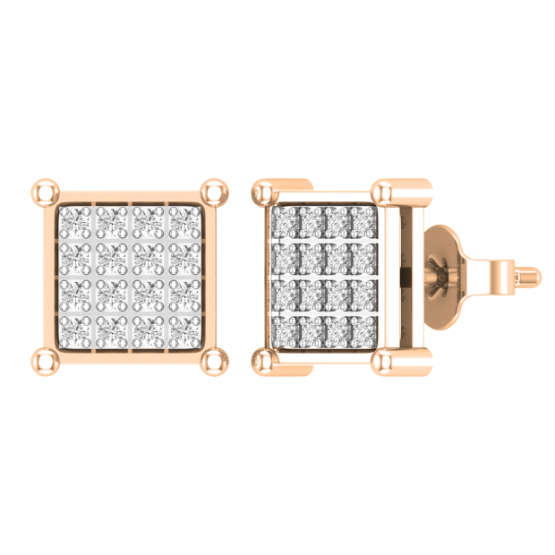 Round White Diamond Square Shape Pushback Stud Earring for Men & Women (Unisex) in 10K Rose Gold (0.26 ctw, Color I-J, Clarity I2-I3)