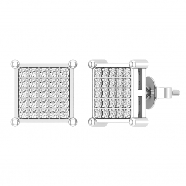 Round White Diamond Square Shape Pushback Stud Earring for Men & Women (Unisex) in 10K White Gold (0.34 ctw, Color I-J, Clarity I2-I3)