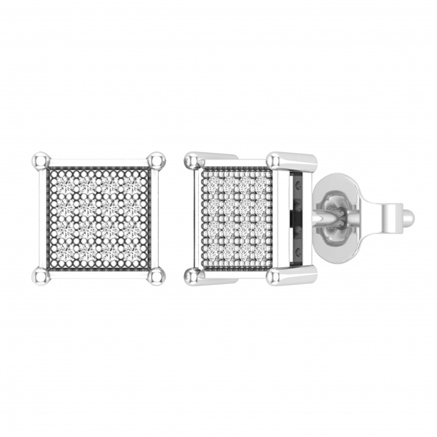 Round White Diamond Square Shape Pushback Stud Earring for Men & Women (Unisex) in 10K White Gold (0.14 ctw Color I-J Clarity I2-I3)