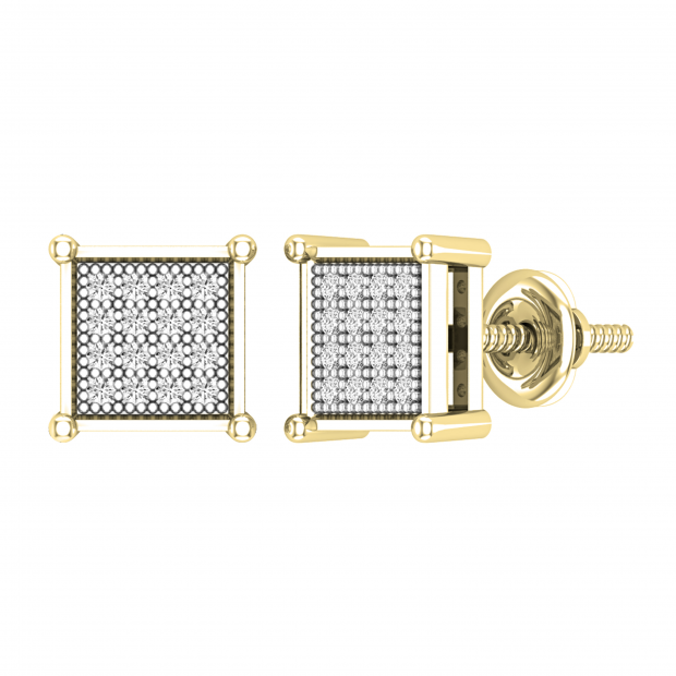 Round White Diamond Square Shape Screwback Stud Earring for Men & Women (Unisex) in 10K Yellow Gold (0.14 ctw, Color I-J, Clarity I2-I3)