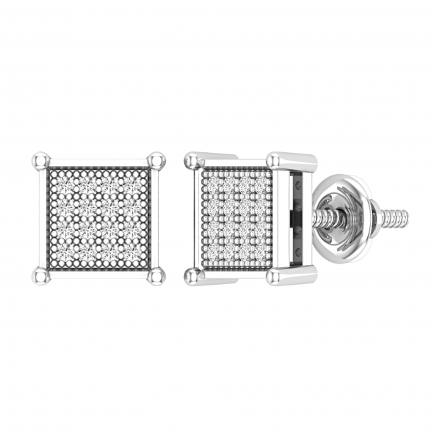 Round White Diamond Square Shape Screwback Stud Earring for Men & Women (Unisex) in 925 Sterling Silver (0.14 ctw, Color I-J, Clarity I2-I3)