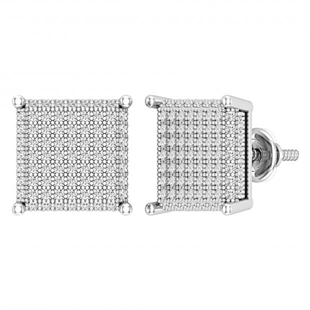 Round White Diamond Square Clustered Unisex Stud Earrings (0.75 ctw, Color I-J, Clarity I2-I3) in 925 Sterling Silver in Screw Back