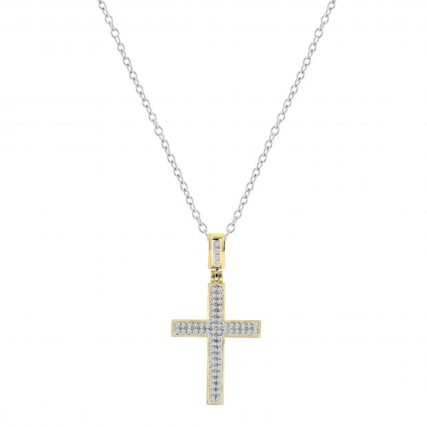 Round White Diamond Unisex Cross Pendant with 18 Inch Silver Chain in 14K Yellow Gold (0.33 ctw, Color I-J, Clarity I1-I2)