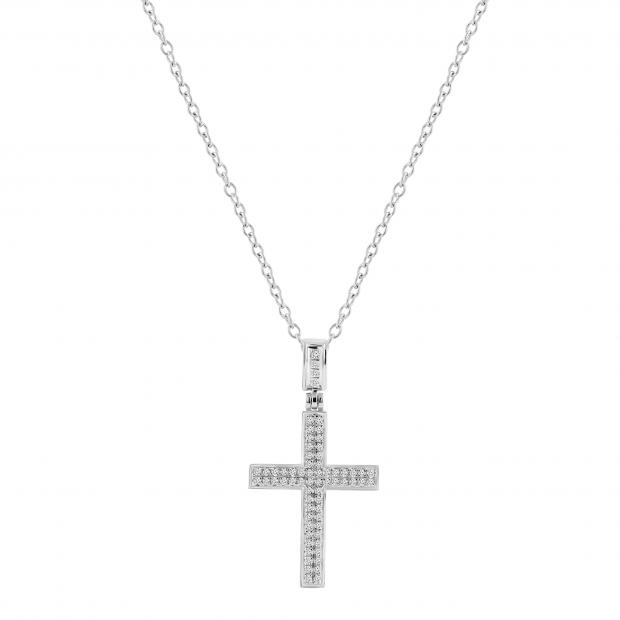 Round White Diamond Unisex Cross Pendant with 18 Inch Silver Chain in 925 Sterling Silver (0.33 ctw, Color I-J, Clarity I2-I3)