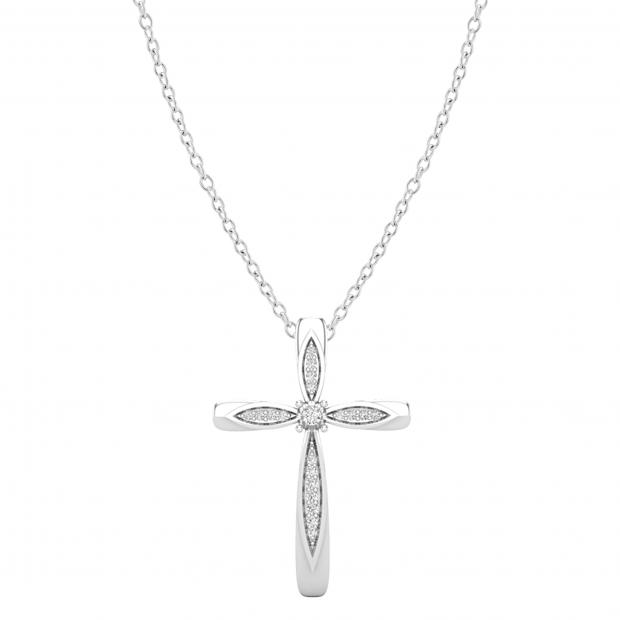Round White Diamond Marquise Outlined Cross Pendant with 18 inch Silver Chain for Women (0.10 ctw, Color I-J, Clarity I2-I3) in 925 Sterling Silver