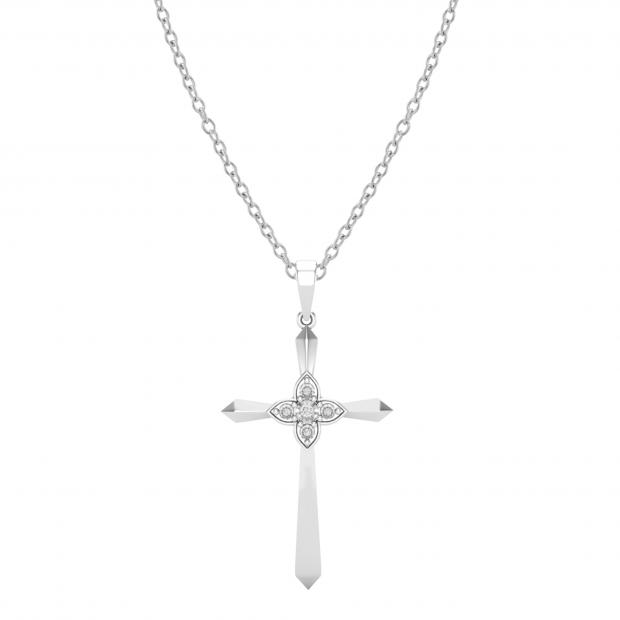 Round White Diamond Illusion Set Four Petal Flower Cross Pendant with 18 inch Silver Chain for Women (0.04 ctw, Color I-J, Clarity I2-I3) in 925 Sterling Silver