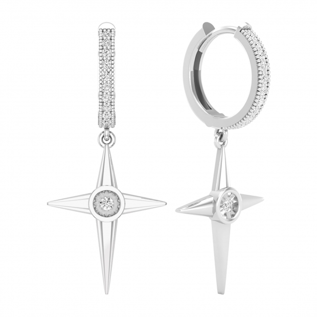 Round White Diamond North Star Cross Hoop Earrings for Women (0.28 ctw, Color I-J, Clarity I2-I3) in 925 Sterling Silver