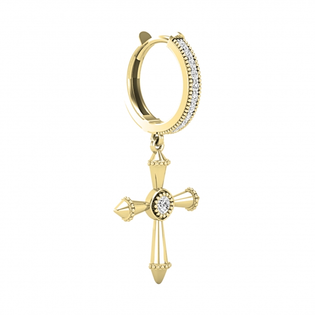 2.5mm Each Centre Round White Diamond Beaded Edge Dangle Cross Unisex Hinged Post Hoop Earring (1 pc) in 14K Yellow Gold