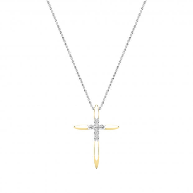 Round White Diamond Elegant Cross Pendant with 18 inch Silver Chain for Women (0.35 ctw, Color I-J, Clarity I1-I2) in 14K Yellow Gold