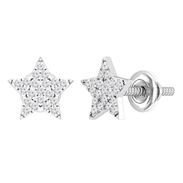 Round White Diamond Celestial Star Stud Earrings for Women (0.16 Ctw Color I-J Clarity I2-I3) in 925 Sterling Silver in Screw Back