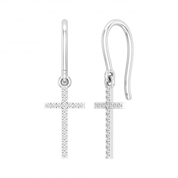 Round White Diamond French Wire Cross Dangle Earrings for Her (0.11 ctw Color I-J Clarity I2-I3) in 925 Sterling Silver