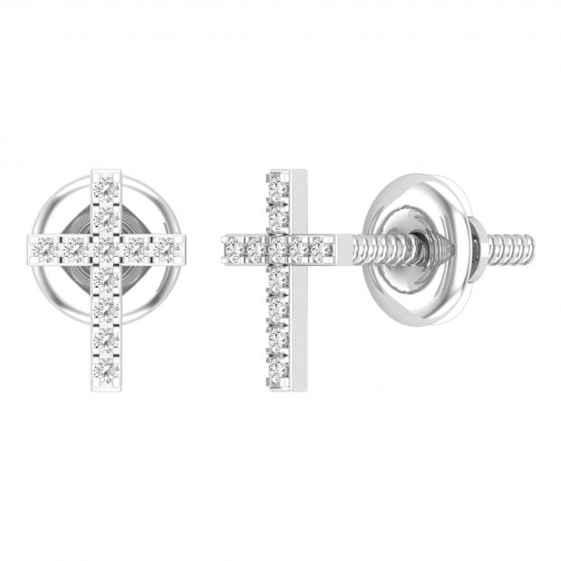 Round White Diamond Gothic Cross Stud Earrings for Women in 10K White Gold (0.05 ctw, Color I-J, Clarity I2-I3) in Screw Back