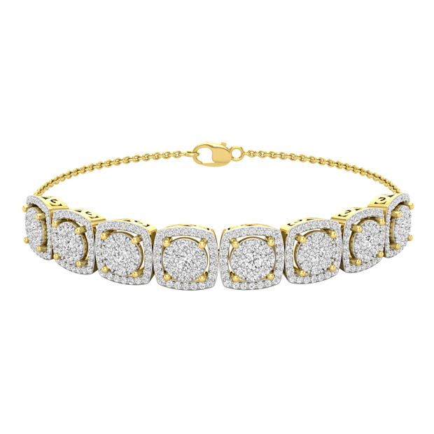Round White Diamond Cluster Style Filigree Grooved Sides Link Chain Bracelet for Her (1.96 ctw Color I-J Clarity I2-I3) in 10K Yellow Gold