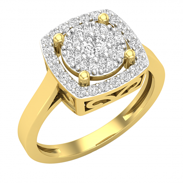 Round White Diamond Cluster Style Filigree Grooved Sides Engagement Wedding Ring for Her (0.52 ctw, Color I-J, Clarity I2-I3) in 10K Yellow Gold, Size 8 Only