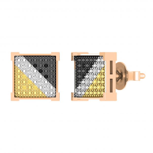 0.06 Carat (ctw) Round Black Yellow White & Metal Alternate Diamond Square Frame (Unisex) Stud Earrings in 10K Rose Gold in Push Back