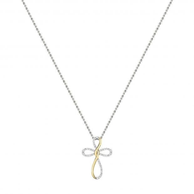 Round White Diamond Infinity Cross Pendant with 18 inch Silver Chain for Women (0.26 ctw, Color I-J, Clarity I1-I2) in 14K Yellow Gold
