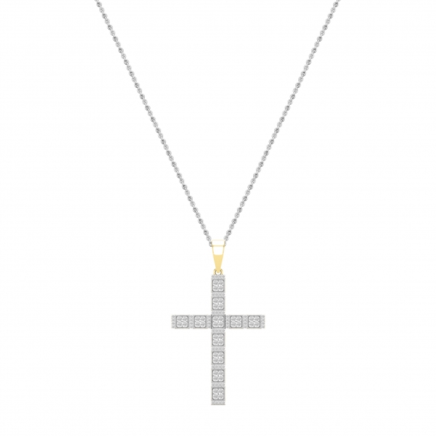 Round White Diamond Square Miligrain Edge Unisex Cross Pendant with 18 inch Silver Chain (1.60 ctw, Color I-J, Clarity I1-I2) in 14K Yellow Gold