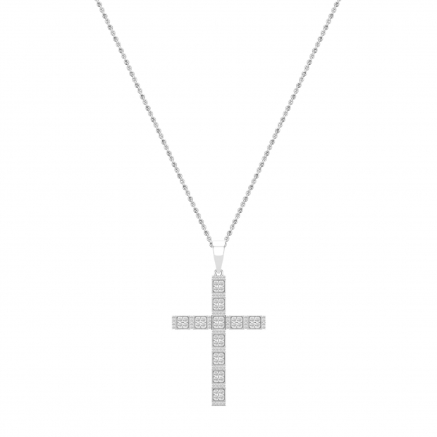 Round White Diamond Square Miligrain Edge Unisex Cross Pendant with 18 inch Silver Chain (1.60 ctw, Color I-J, Clarity I2-I3) in 925 Sterling Silver
