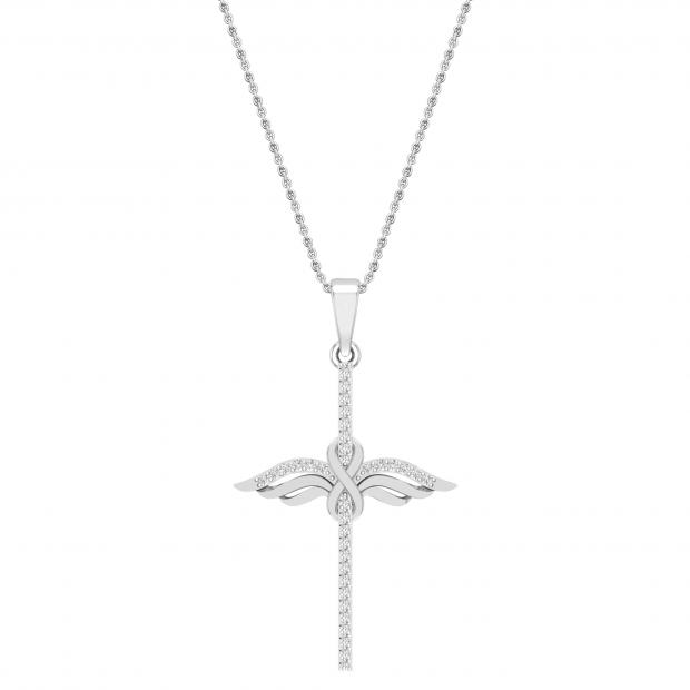 Round White Diamond Infinity Wings Cross Pendant with 18 inch Gold Chain for Women (0.14 ctw, Color I-J, Clarity I2-I3) in 10K White Gold