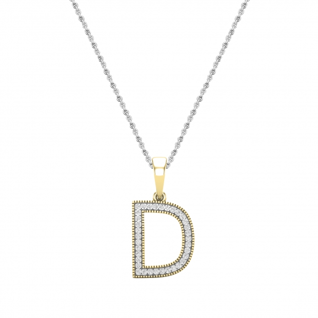 Round White Diamond Upper Case Initial D Letter Pendant with 18 inch Silver Chain for Women (0.15 ctw, Color I-J, Clarity I1-I2) in 14K Yellow Gold