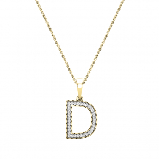Round White Diamond Upper Case Initial D Letter Pendant with 18 inch Gold Chain for Women (0.15 ctw, Color I-J, Clarity I1-I2) in 18K Yellow Gold