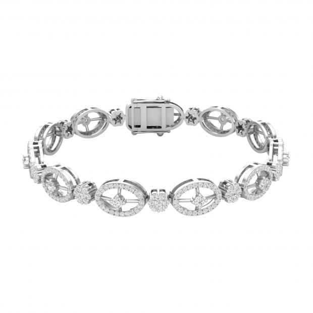 Round White Diamond Rectangular Grooved Flower Tennis Bracelet for Women (3.48 ctw, Color I-J, Clarity SI) in 925 Sterling Silver