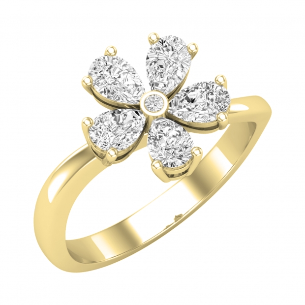 Pear & Round White Diamond Periwinkle Flower Stackable Ring for Women (0.77 ctw, Color I-J, Clarity SI) in 14K Yellow Gold