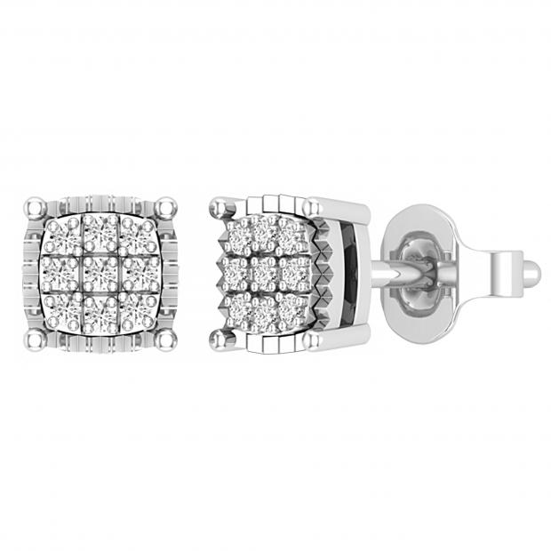 Round White Diamond 9 Stone Cushion Shaped Rectangular Grooved Stud Earrings for Women (0.10 ctw, Color I-J, Clarity I2-I3) in 925 Sterling Silver in Push Back
