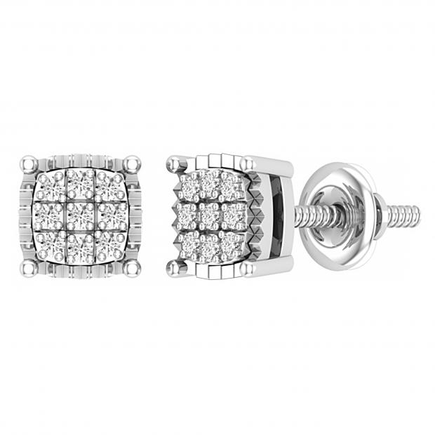 Round White Diamond 9 Stone Cushion Shaped Rectangular Grooved Stud Earrings for Women (0.10 ctw, Color I-J, Clarity I2-I3) in 925 Sterling Silver in Screw Back
