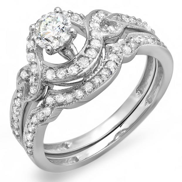 0.75 Carat (ctw) 14k White Gold Round Diamond Ladies Swirl Bridal Halo Engagement Ring Matching Band Set 3/4 CT