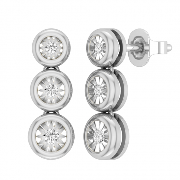 Round White Diamond Graduating 3 Stone Illusion Drop Stud Earrings for Women (0.15 ctw, Color I-J, Clarity I2-I3) in 925 Sterling Silver in Push Back