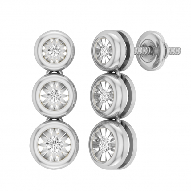 Round White Diamond Graduating 3 Stone Illusion Drop Stud Earrings for Women (0.15 ctw, Color I-J, Clarity I2-I3) in 925 Sterling Silver in Screw Back