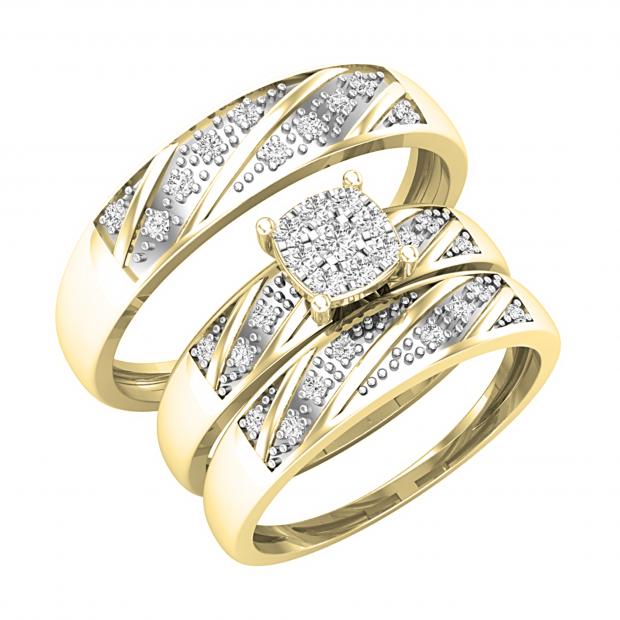 Round White Diamond Halo Cushion Head Matching Wedding Trio Ring Set for Men & Women (0.32 ctw, Color I-J, Clarity I1-I2) in 18K Yellow Gold