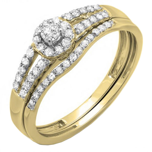 0.40 Carat (ctw) 10k Yellow Gold Round Diamond Ladies Split Shank Halo Style Bridal Engagement Ring Matching Band Set